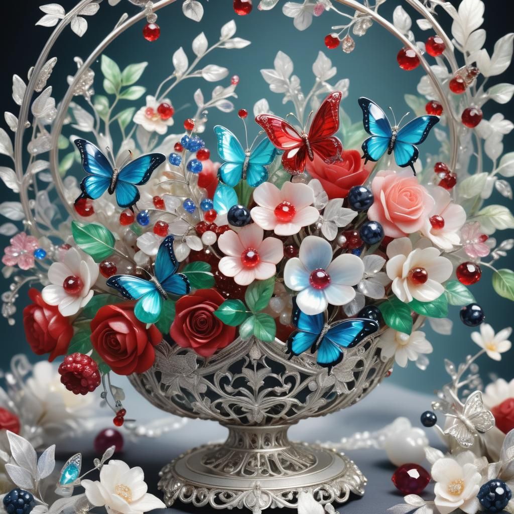 Crystal Basket with Jewels and Flowers in Ultra HD