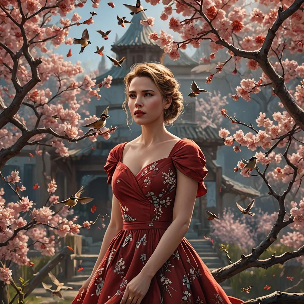 Woman in Red Dress with Birds and Blossoms