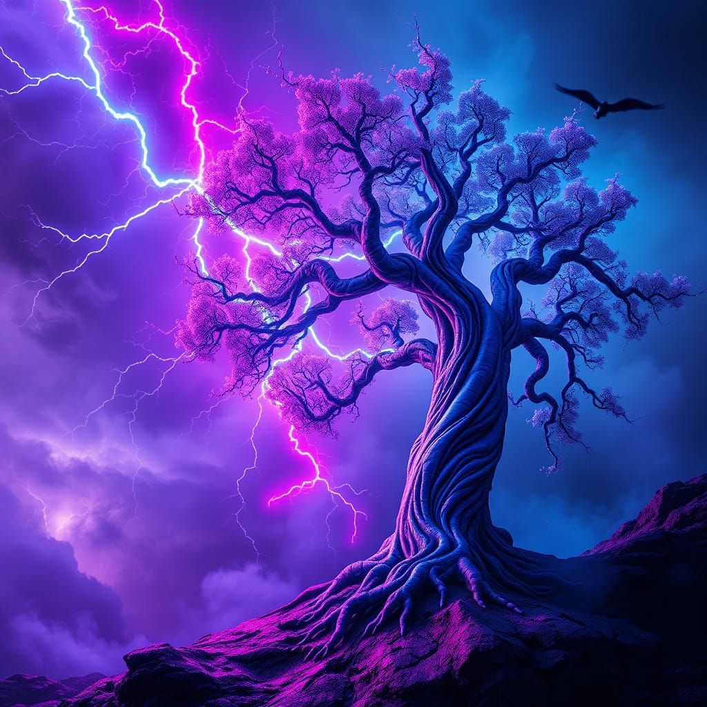 Fractal Tree Illuminated by Fractal Lightning in a Stormy La...