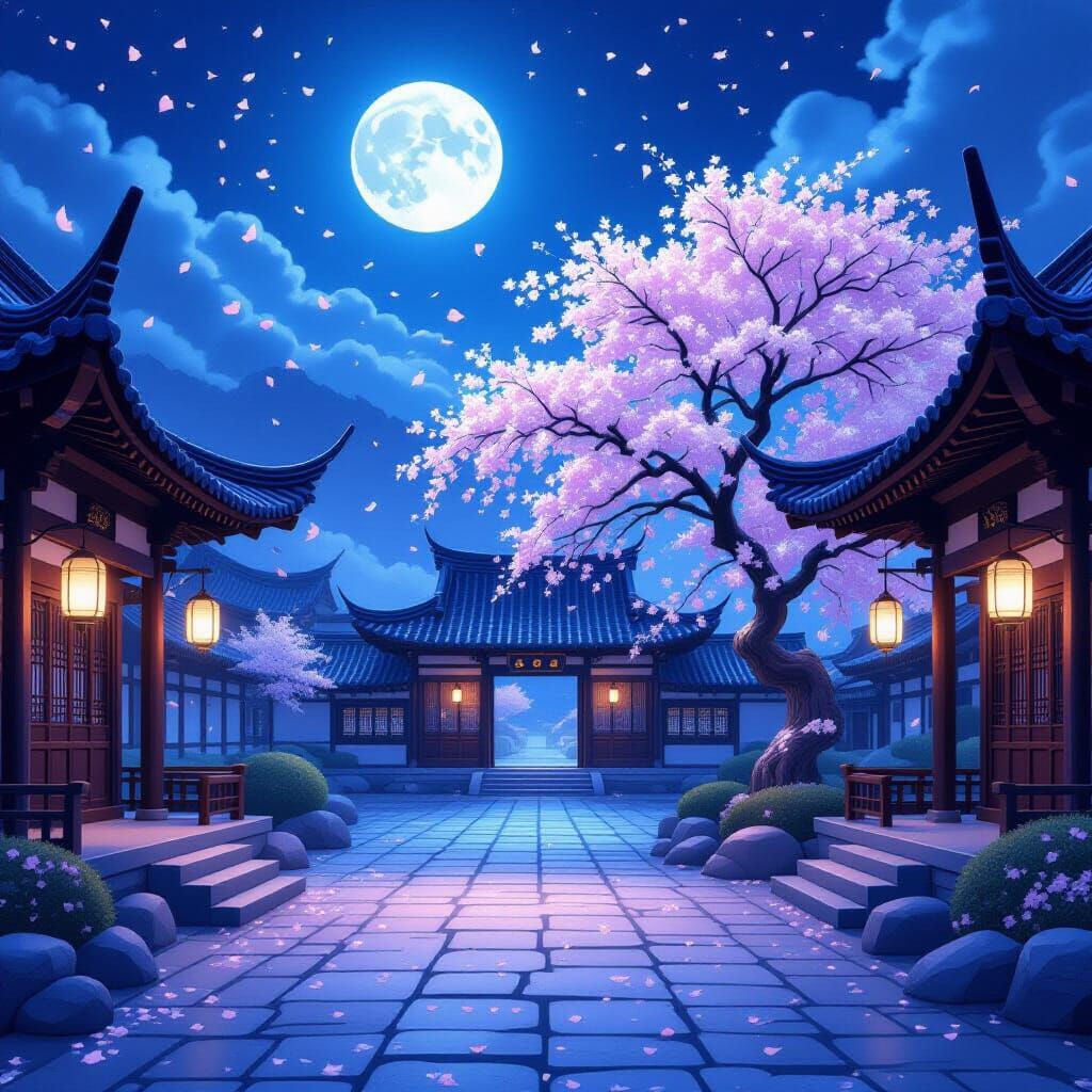 Ethereal East Asian Temple Courtyard Under Full Moon