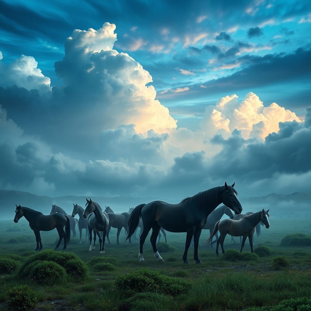 Majestic Black and White Horses in a Surreal Land of Wonder