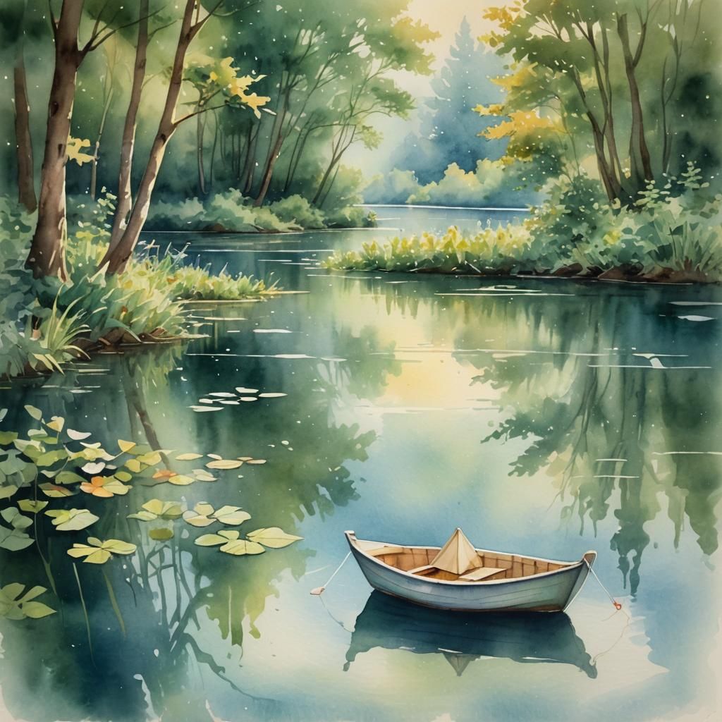 Serene Watercolor Paper Boat on Calm Lake