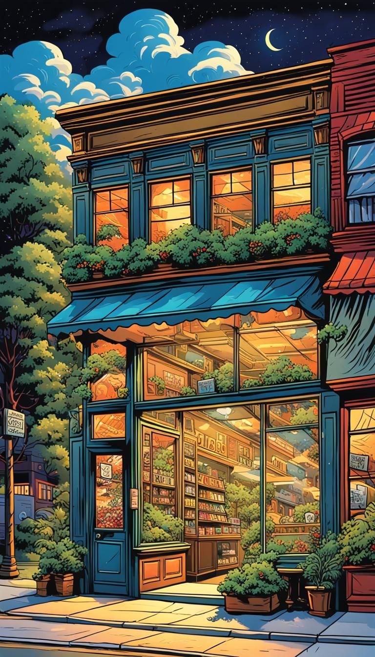 Vibrant Comic Art of Quaint Storefront at Night