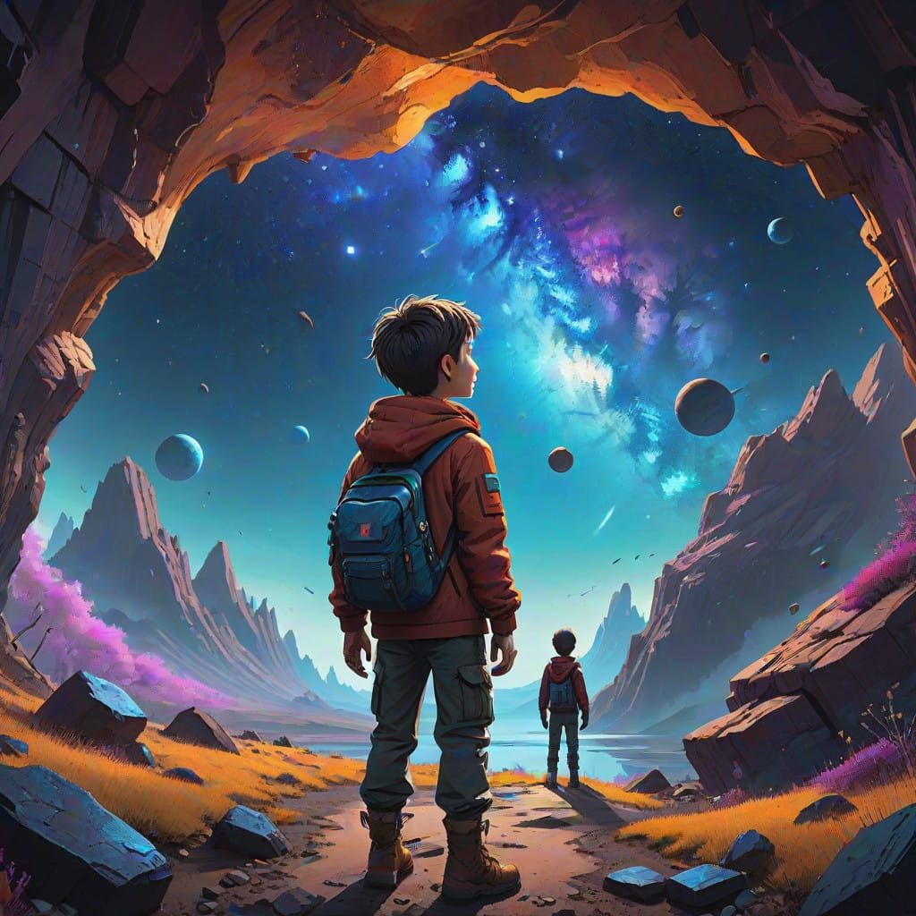 Young Boy Gazing at Vibrant Galaxy Landscape in a Cave