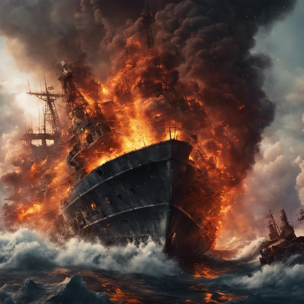 Inferno at Sea: Warship Explosion in a Matte Painting