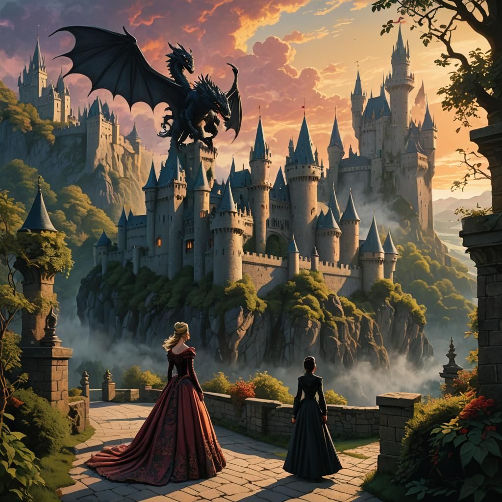 Fantasy Princess and Dragon Landscape Painting
