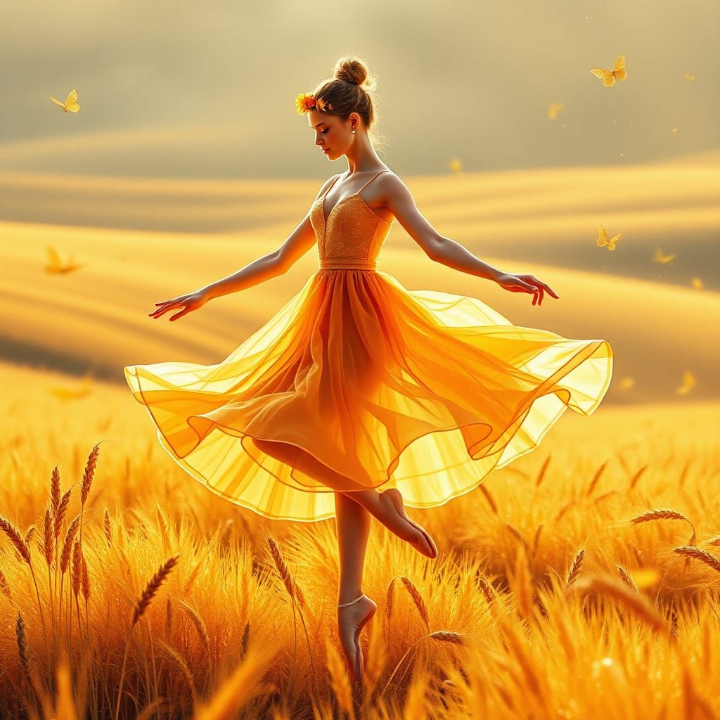 Ethereal Ballet Dancer in Golden Sunset Landscape