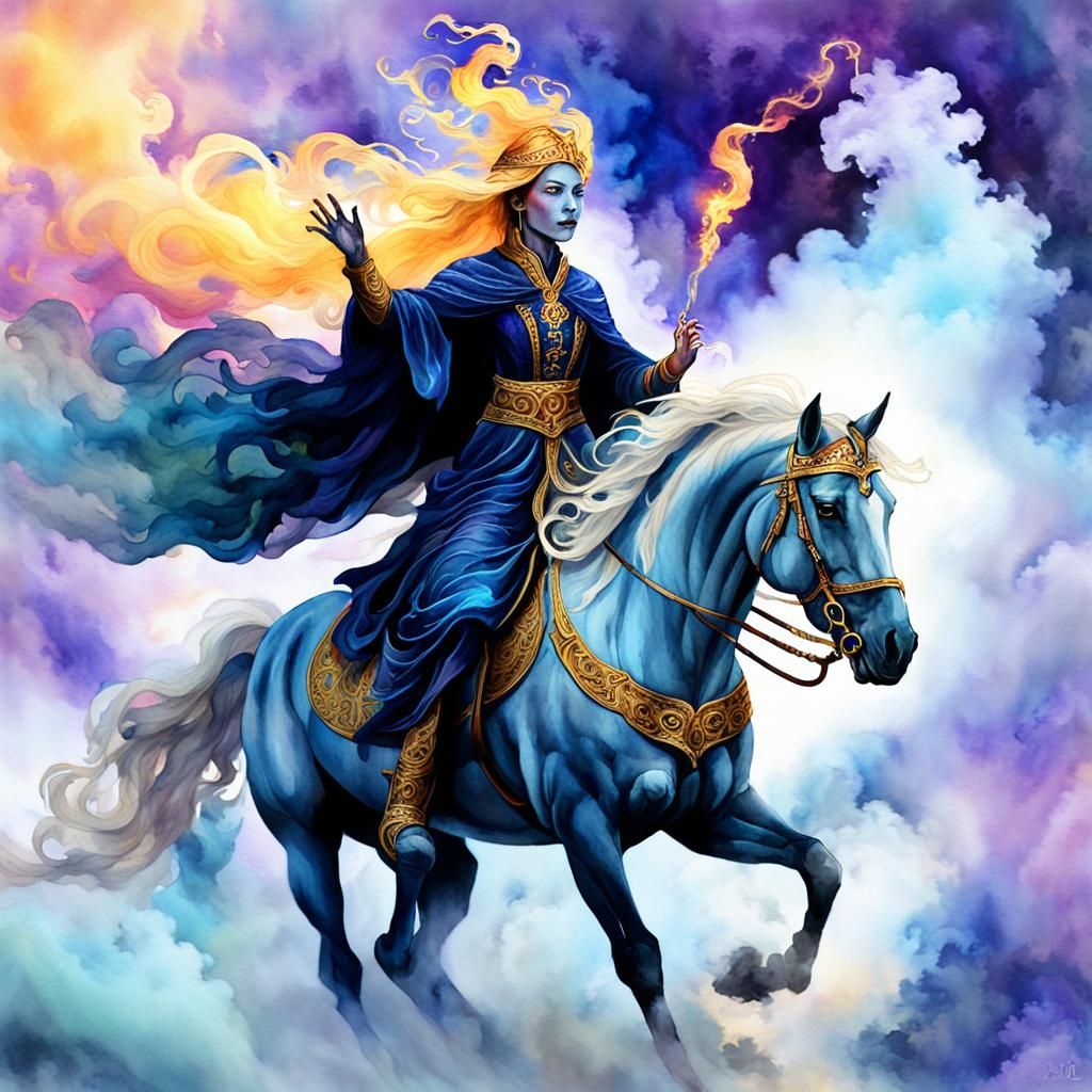 Sorceress on Smoke Cloud Horse in Mystical Realm