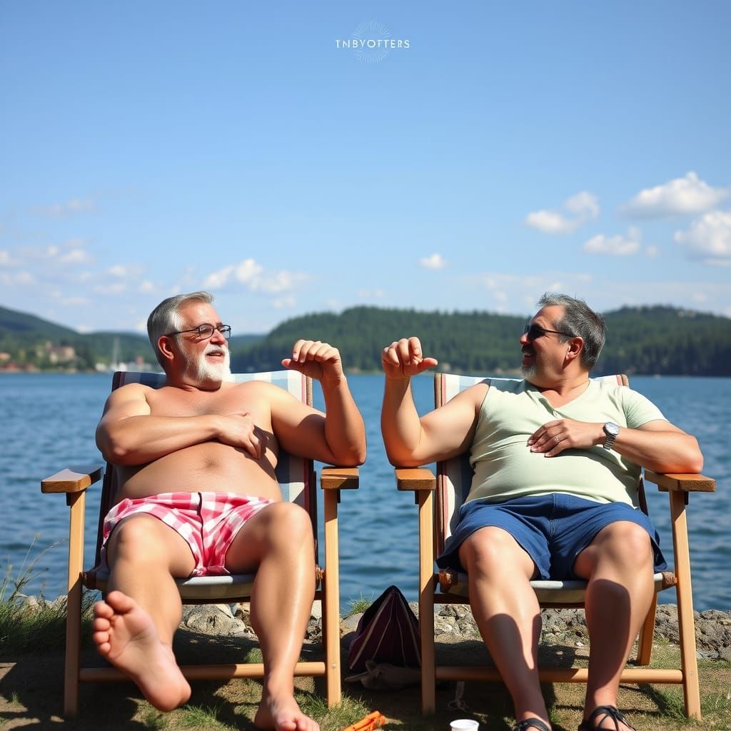 Two middle aged muscular dads sat on deckchairs telling bad ...