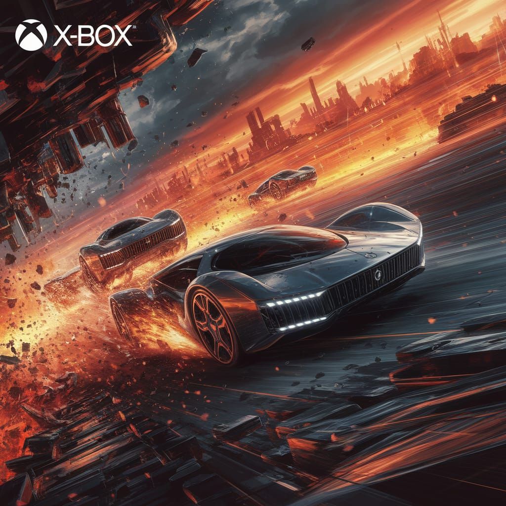 Futuristic Vehicle Chaos in Fiery Cityscape, Digital Art