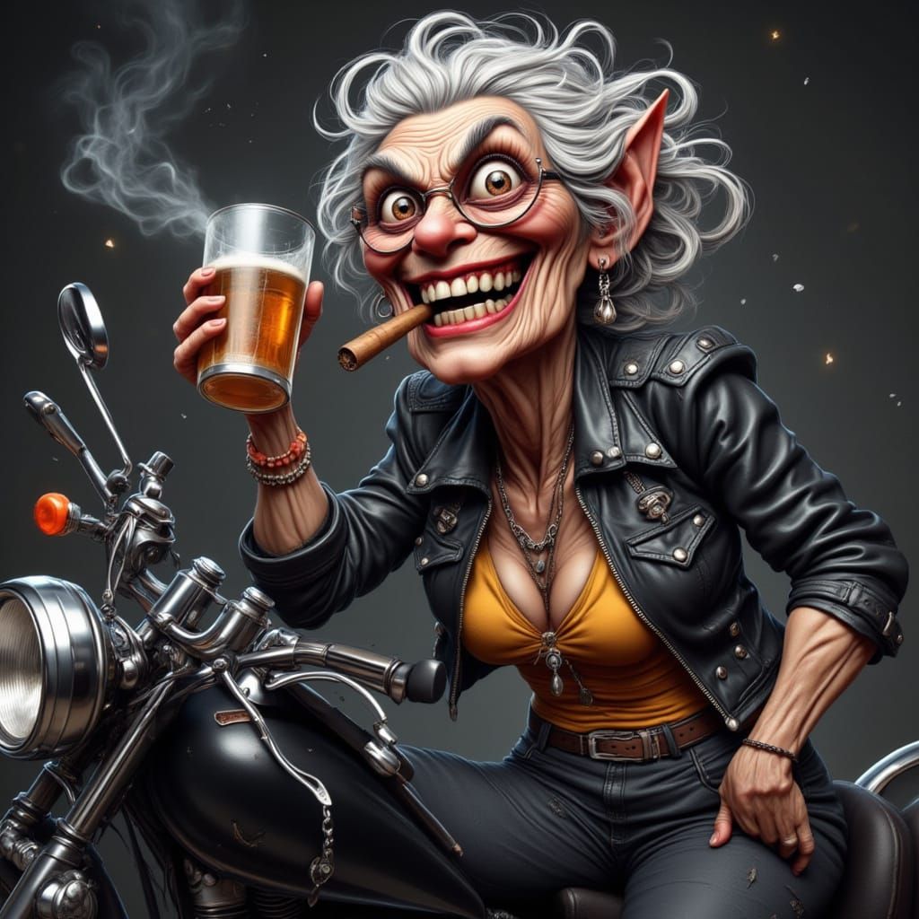 Wild Biker Granny in Hyperrealistic Style