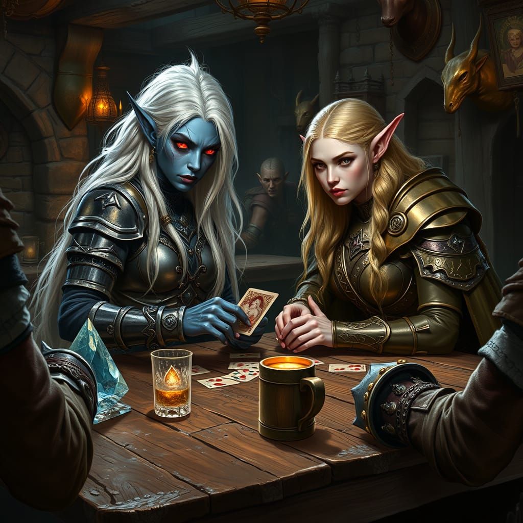 Majestic Drow Warrior Engages in High-Stakes Game of Chance