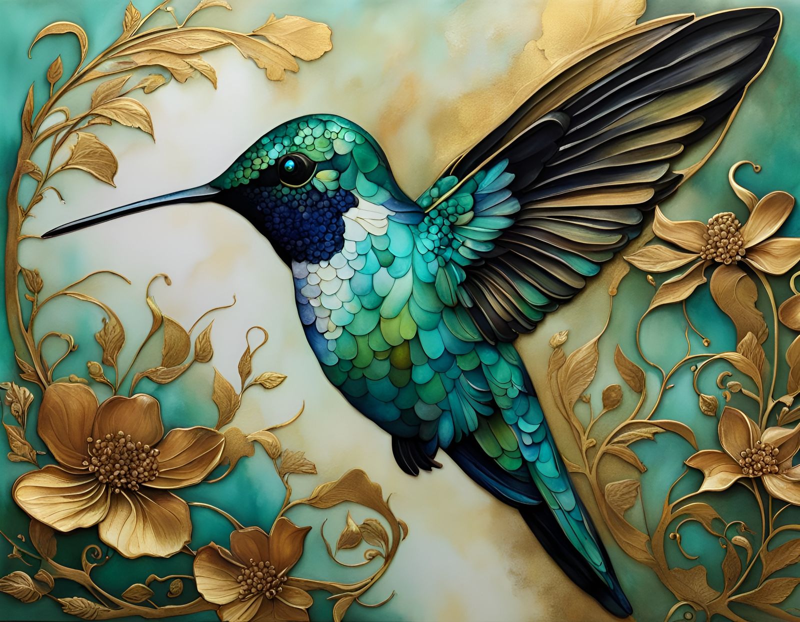 Verdigris Hummingbird and Flowers in Alcohol Ink Style