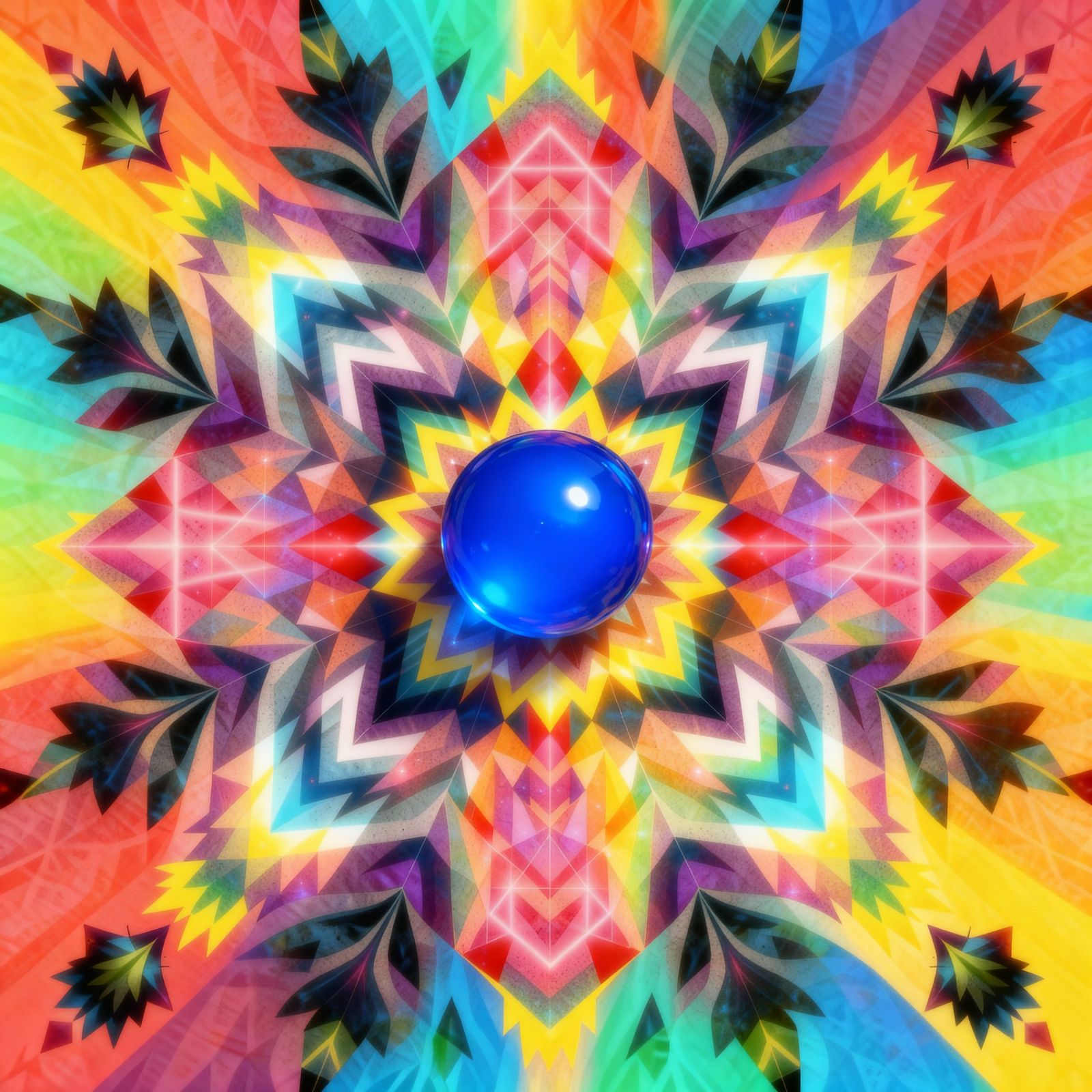 Symmetrical Kaleidoscope of Brilliant Colors with Blue Gem