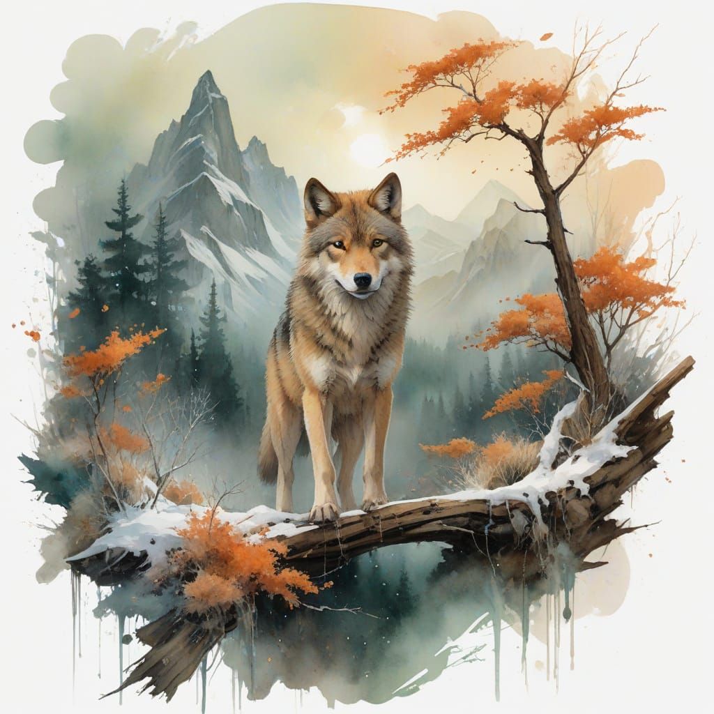 Starlit Winter Mountain Pass with Wolves