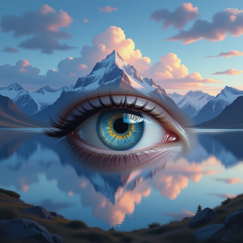 Eye Reflecting Mountain Landscape in Hyperrealism