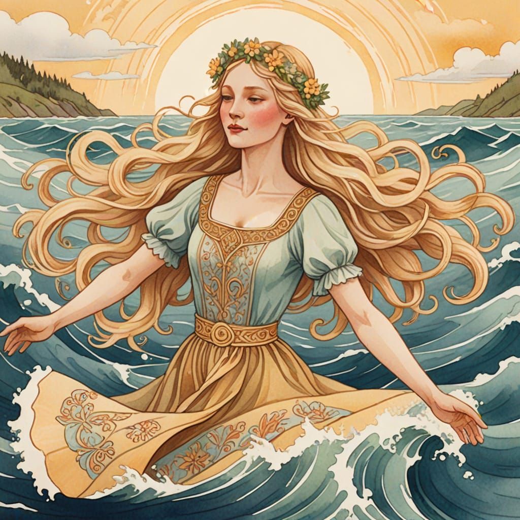 Latvian Goddess Dances on Waves in Art Nouveau Style