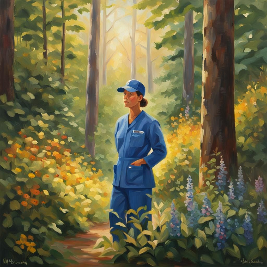 Healthcare Worker in Forest, Realistic Oil Painting