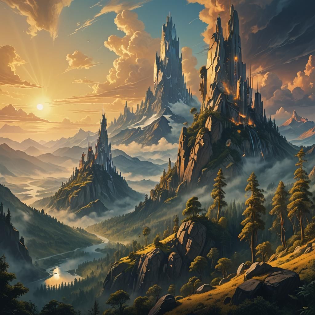 Majestic Mountains and Forest in Golden Hour