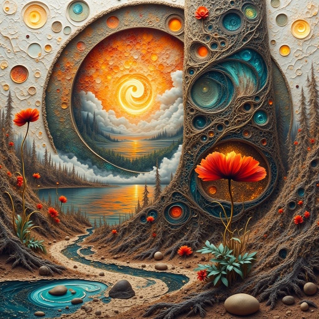 Surreal Fossil Structure with Inner Worlds in Painterly Styl...