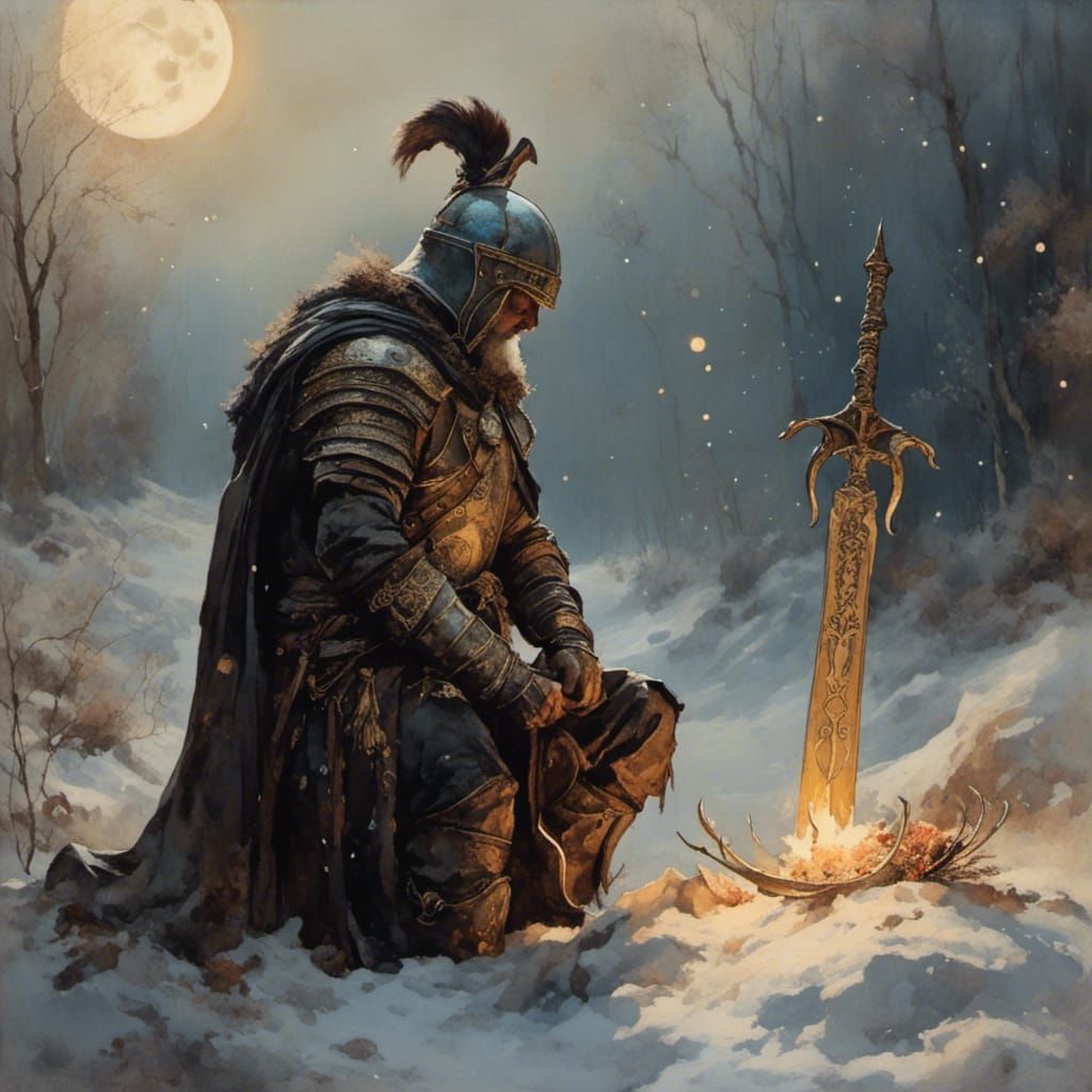 Warrior and Beloved Under New Moon in Watercolor