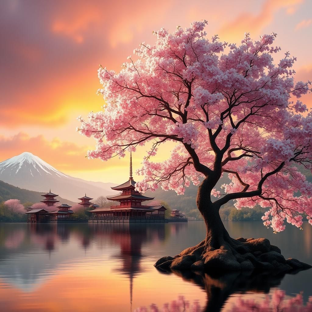 Sakura Tree by Lake in Hyperrealistic Splash Art