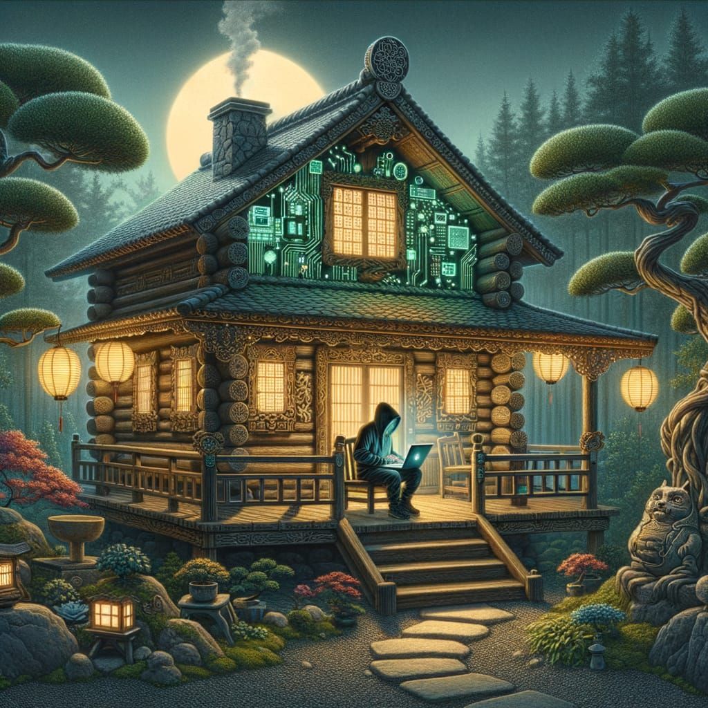 Hacker's Cabin in Zen Garden, Storybook Illustration