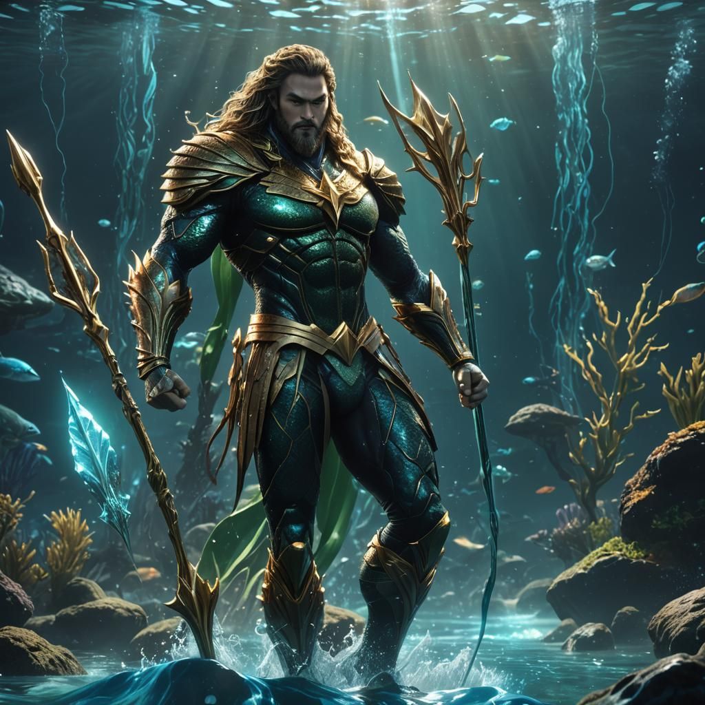 Aquaman with Bioluminescent Staff, 3D Anime Art