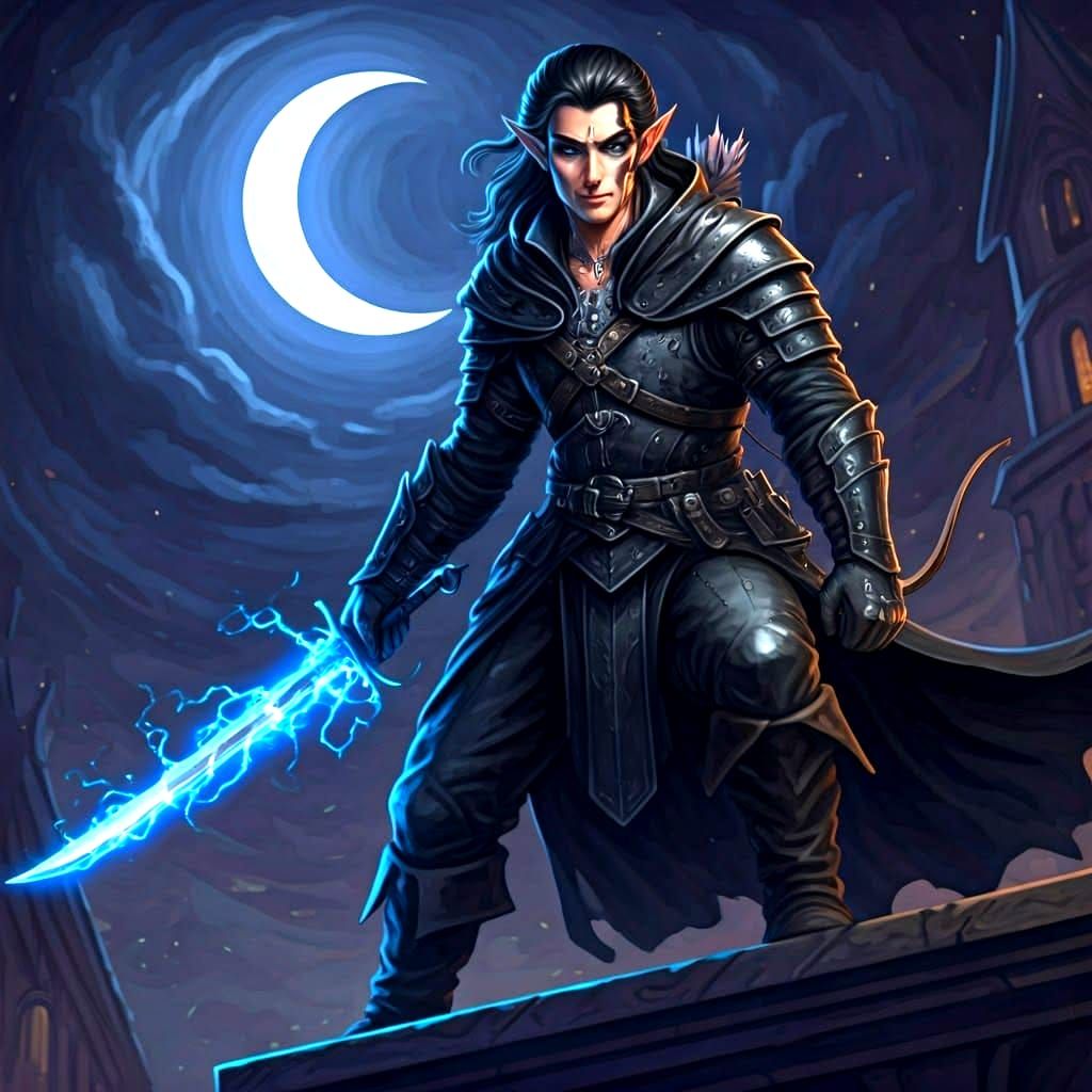 Half-Elf Rogue with Lightning Sword on Rooftop