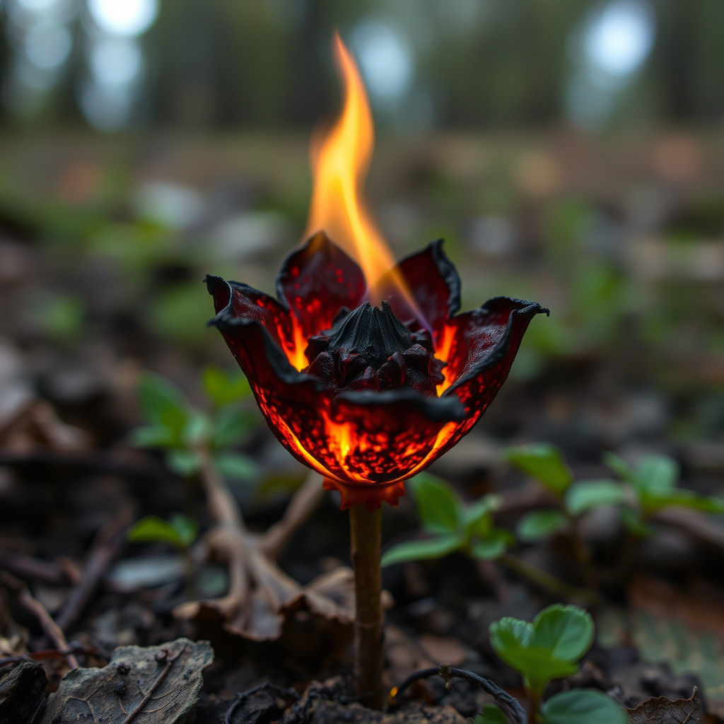 Glowing Burning Coal Flower on Forest Floor