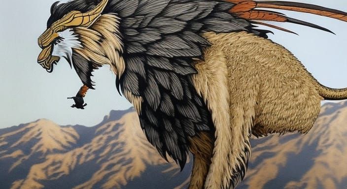 Lion with beak and wings on mountaintop nest :: painting :: fantasy :: Griffon Griffin :: Fantasy winged beast :: Flyin...