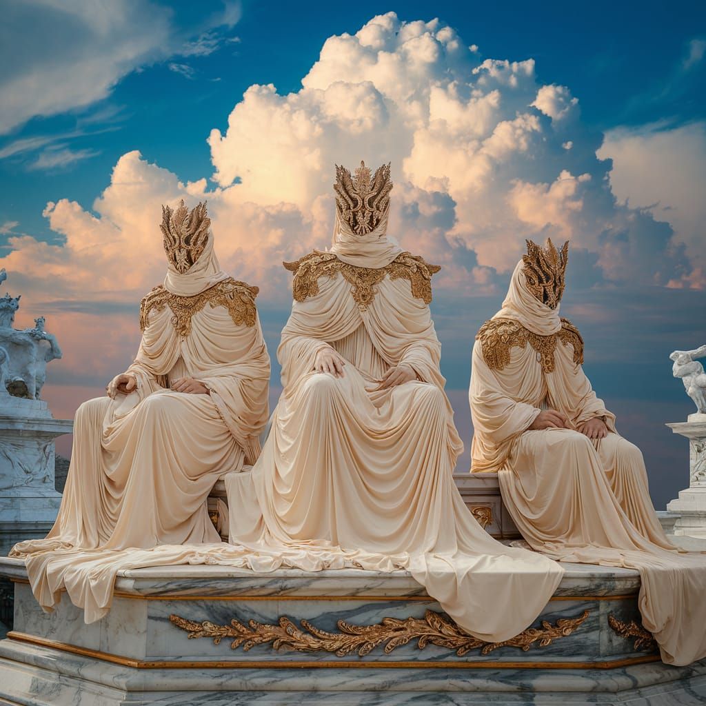 Enigmatic Deities Seated on Ornate Marble Platform