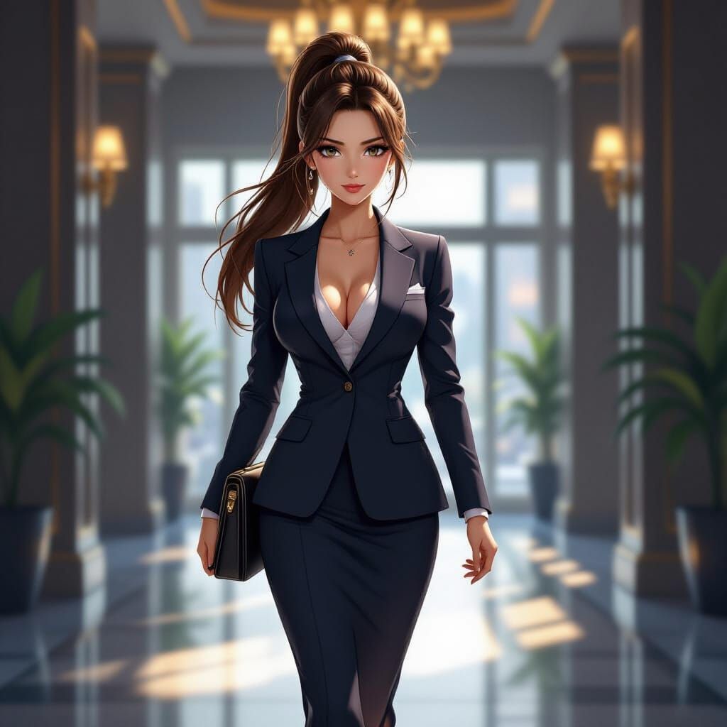 Anime Woman in Business Suit Walking to Work