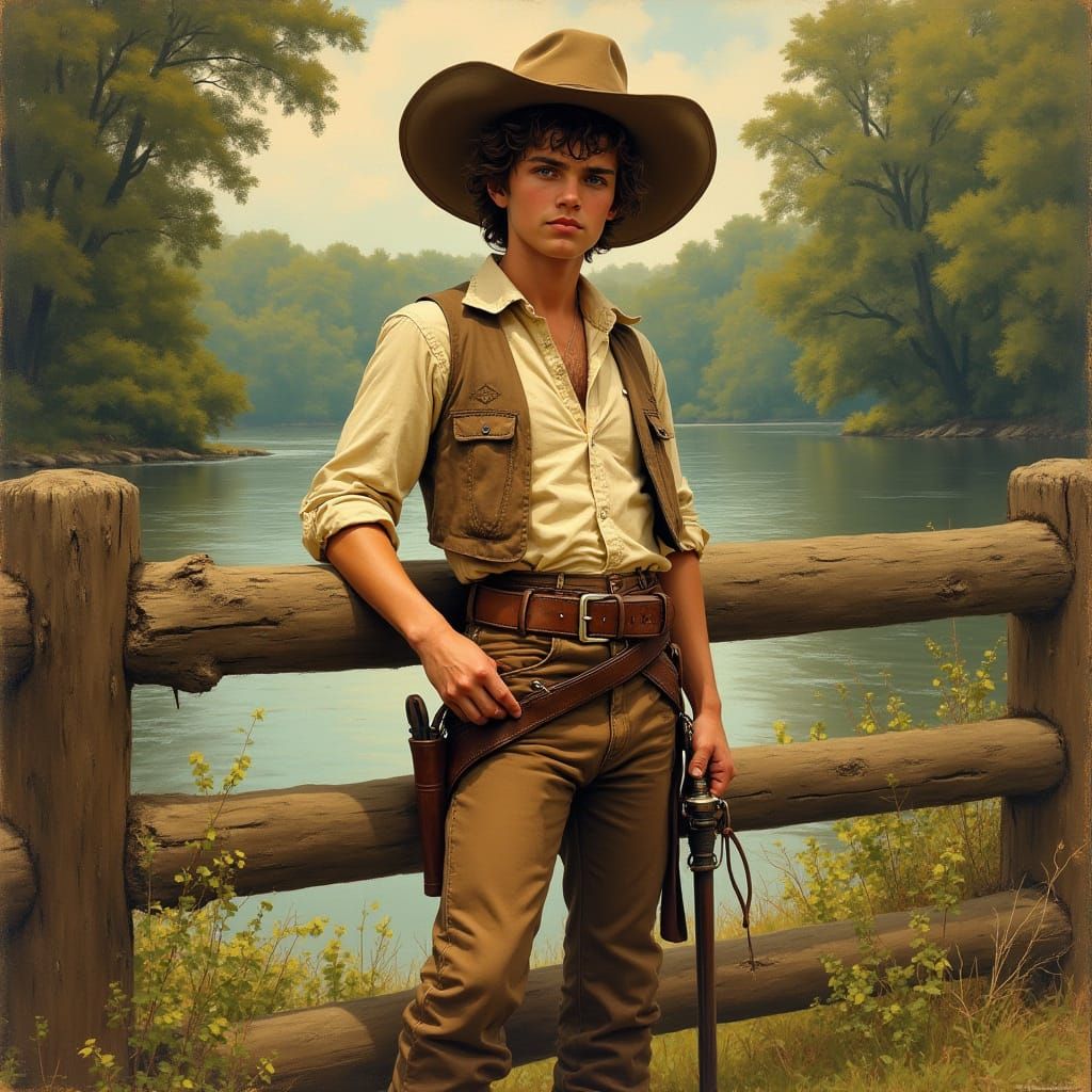 Huckleberry Finn by the Mississippi River