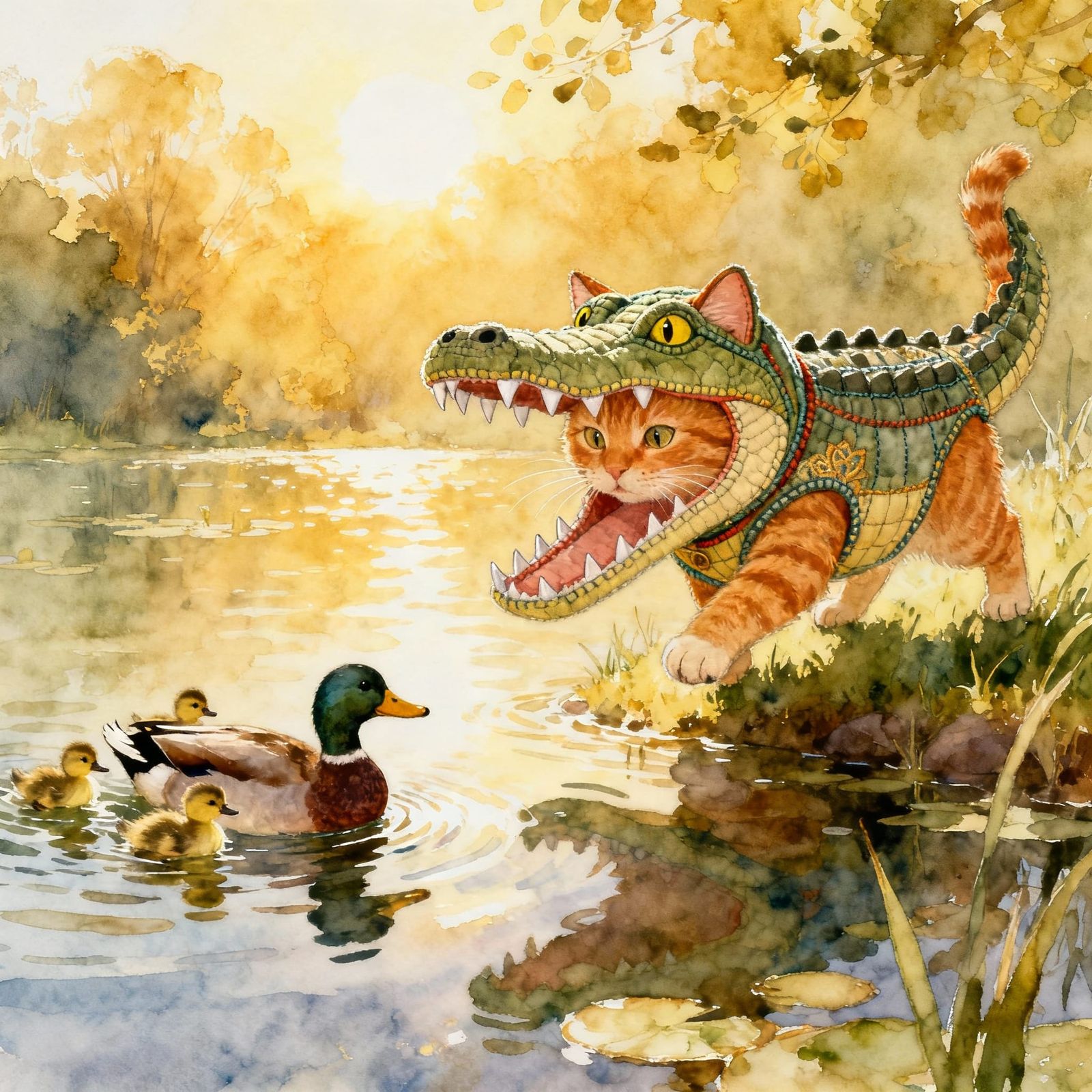 Ginger Cat in Alligator Costume Hunts Ducks