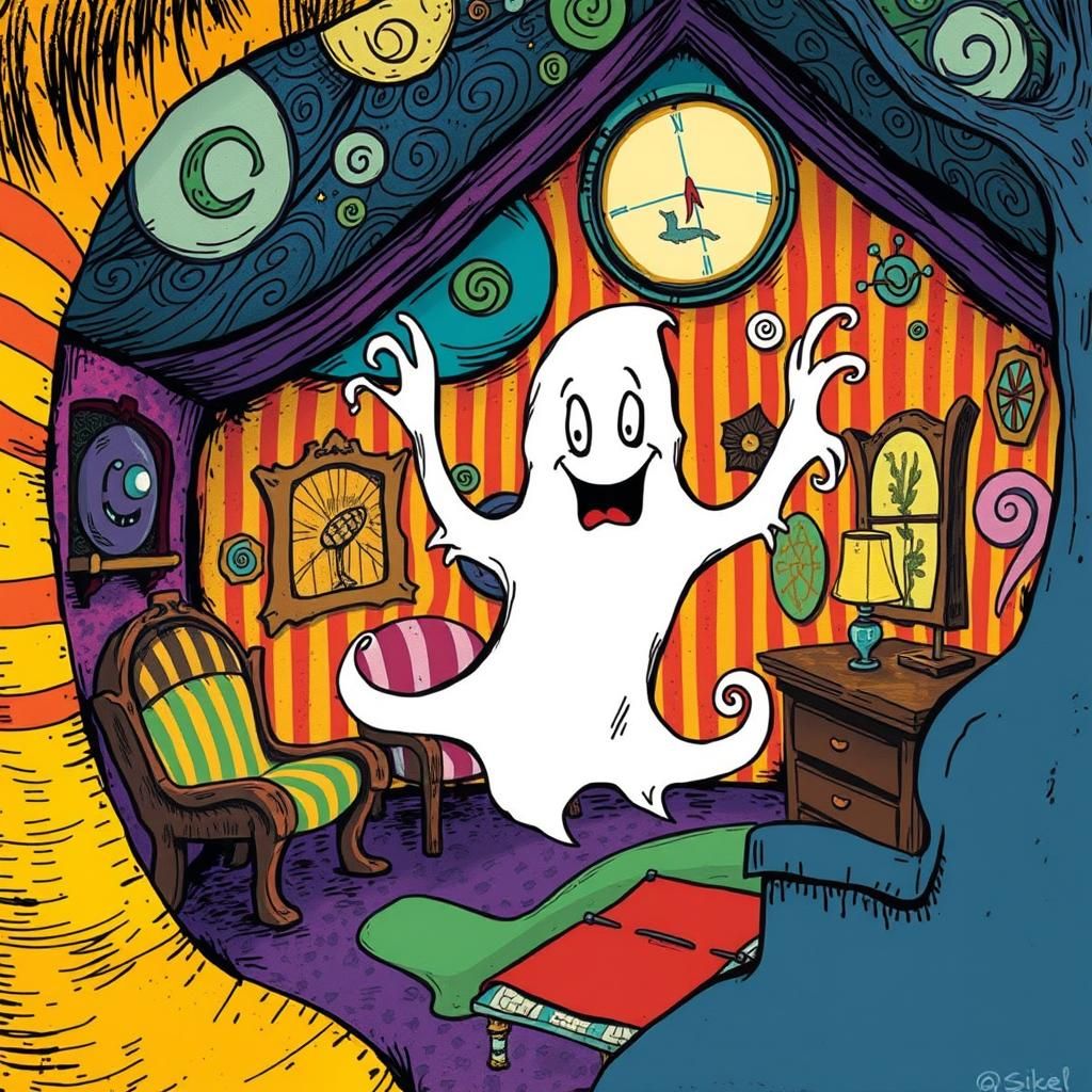 Whimsical Ghost in Haunted House, Children's Book Style