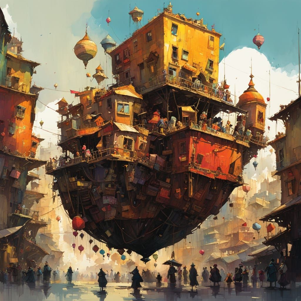 Whimsical Floating City Bazaar in Watercolor Style