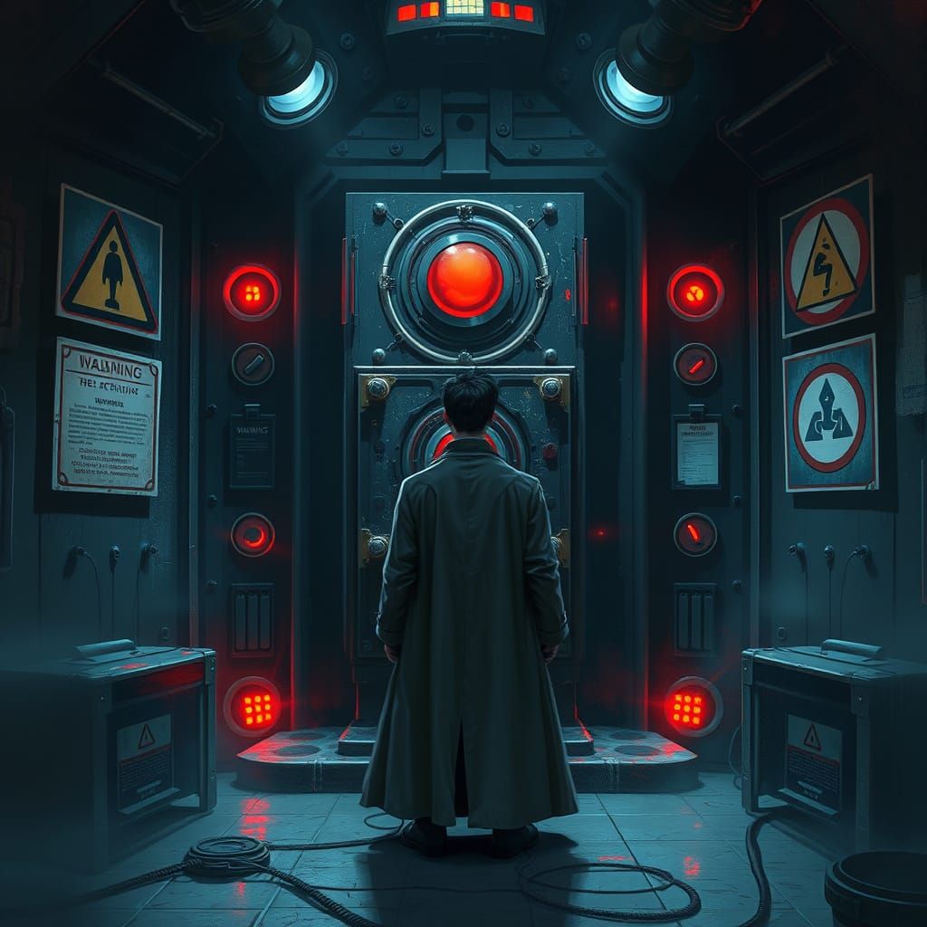 Intriguing Stranger Stands Before a Mysterious Console