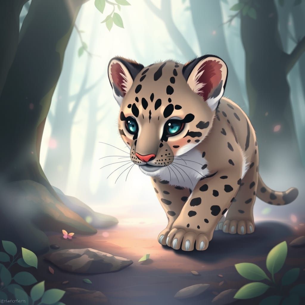 Mystical Forest Baby Clouded Leopard in Japanese Anime Style