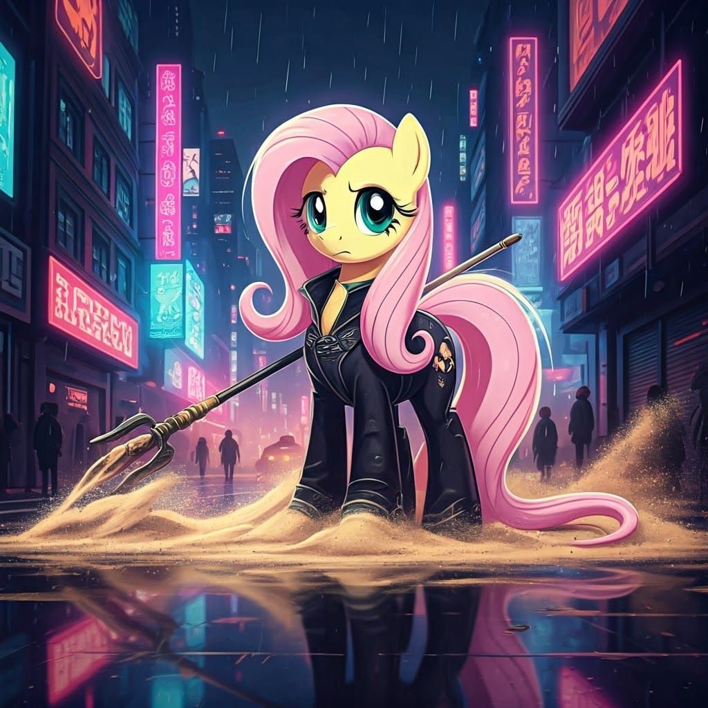 Cyberpunk Pony Mage Fluttershy in Futuristic City