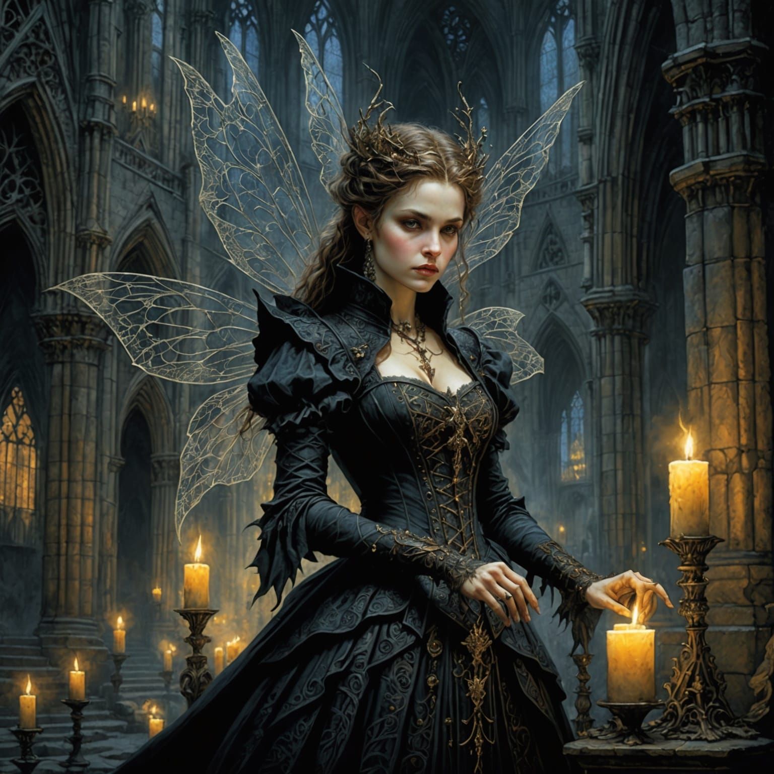Fairy Punk Art with Gothic Cathedral Backdrop