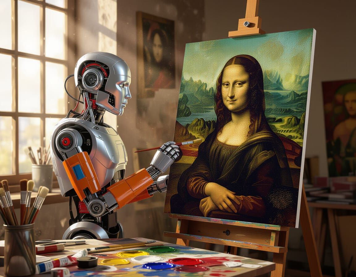 Robot Artist Painting Mona Lisa as Impasto Oil Painting