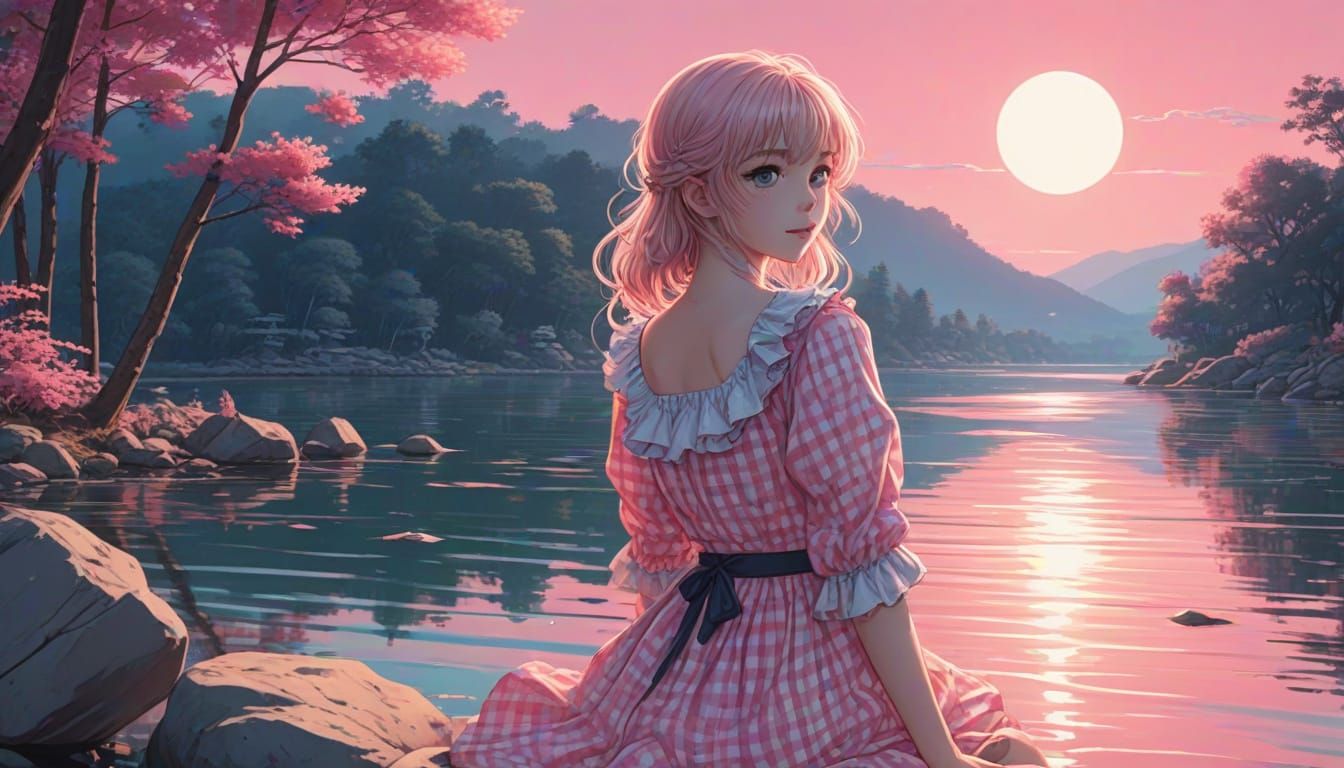 Vibrant Cel-Shaded Anime Scene in Pink Light