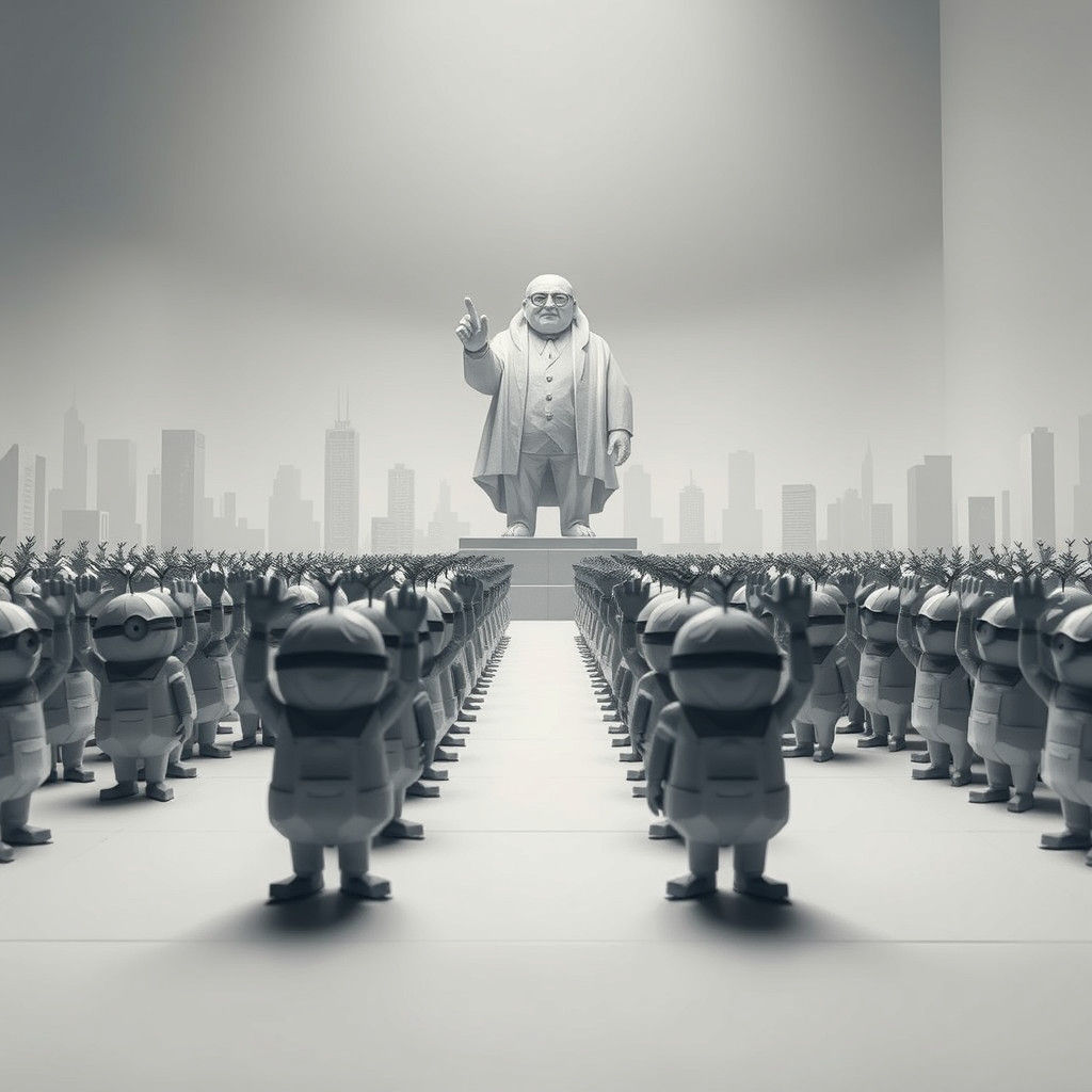 Dystopian Minions Salute Origami Leader in Sci-Fi Landscape