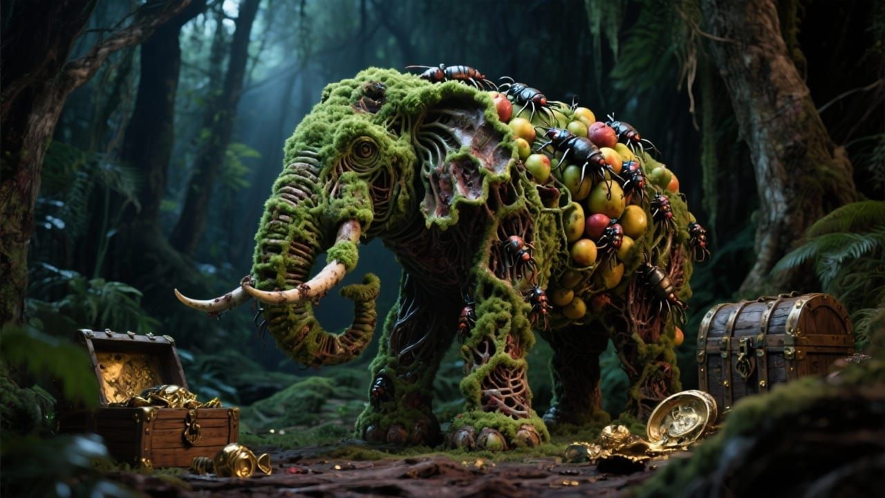 Giger-Inspired Elephant Sculpture of Rotting Fruit