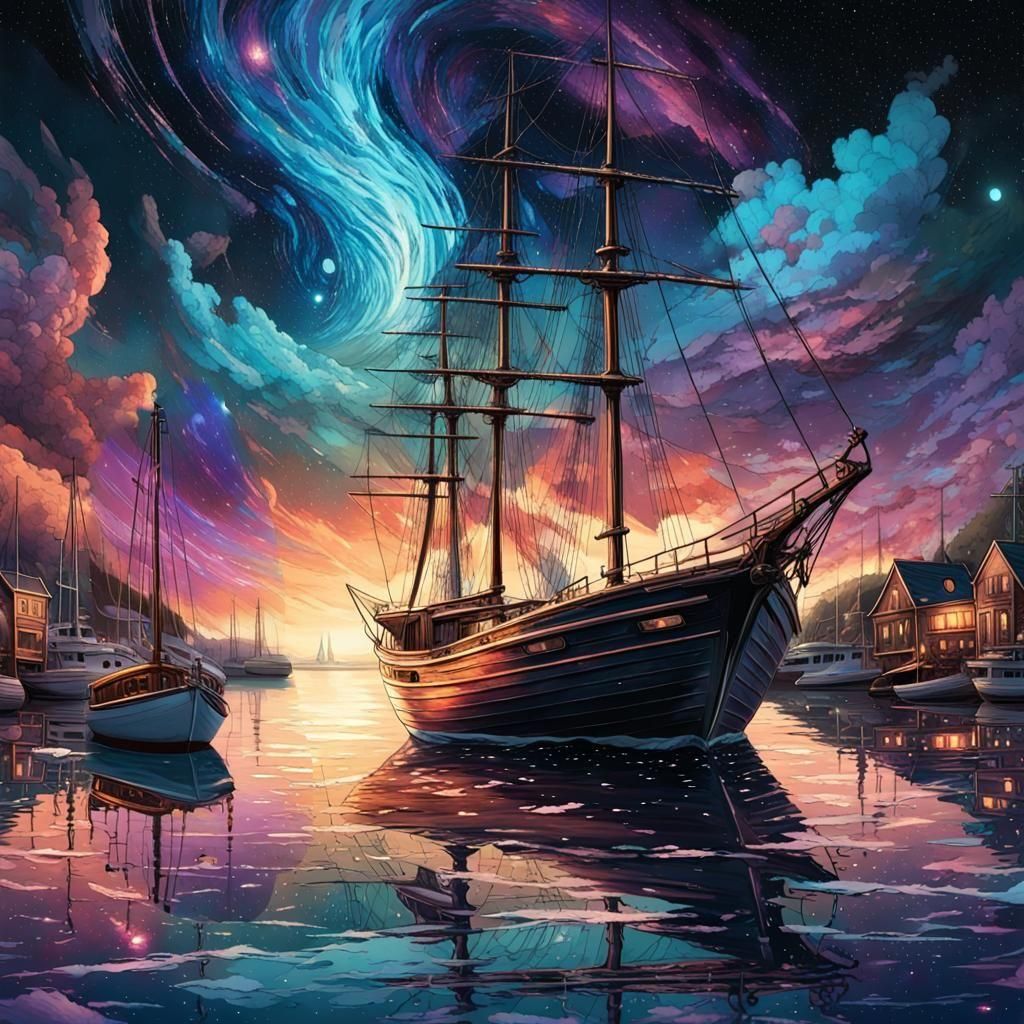 Sail boat in a harbor with the most magnificent cosmic, celestial, starry night sky. Hyperrealistic, splash art, concept...