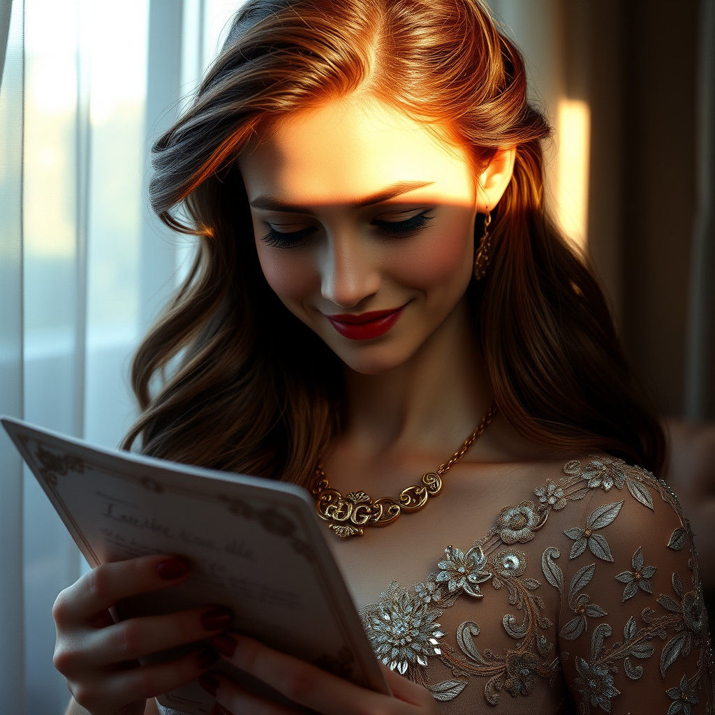 Enigmatic Beauty Reading Letter with Gold Jewelry