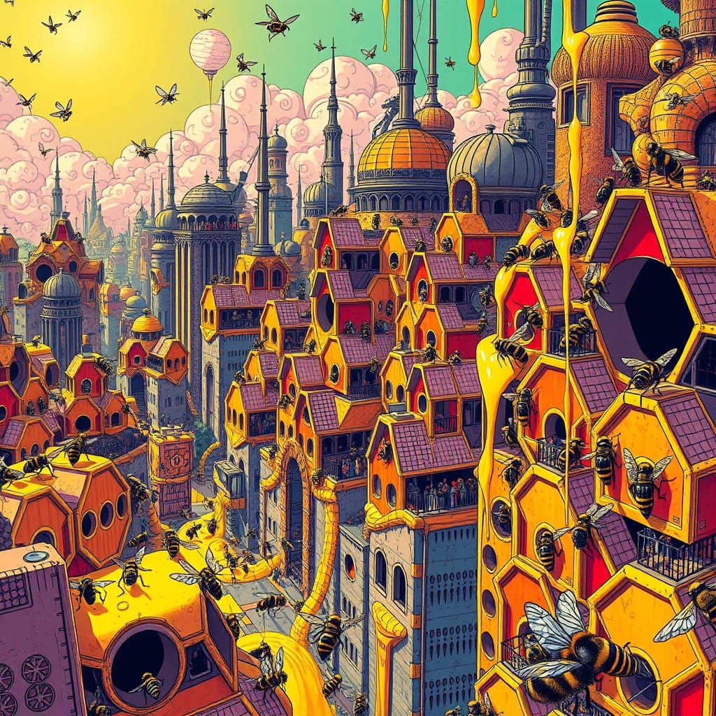 Futuristic Bees in Honeycomb Metropolis