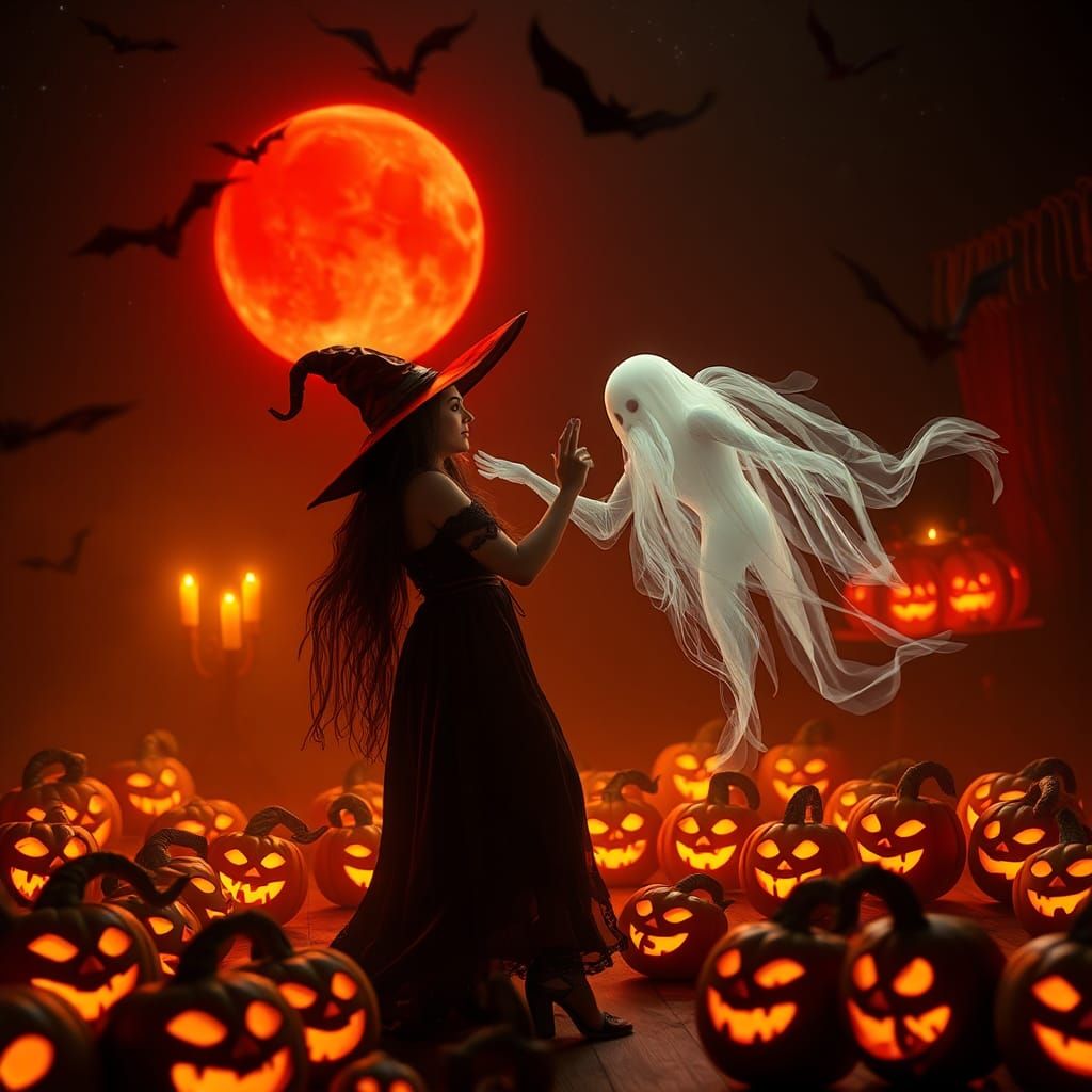 Witch and Ghost Dance at Halloween Party