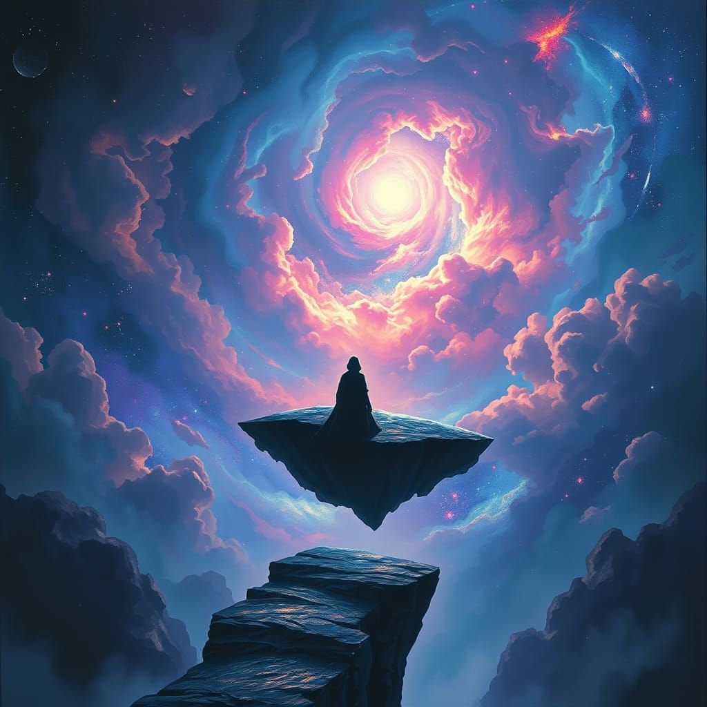 Ethereal Figure on a Mystical Isle, Gazing into a Swirling N...